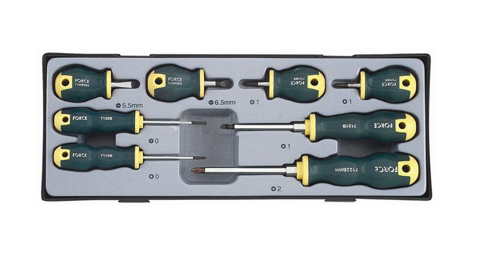 Force T2084YC / T2085B S2 Steel 8pc Screwdriver Set, Slotted, Phillip, Pozidriver tips