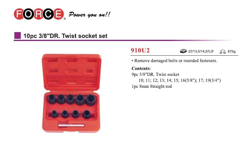 Force 910U2 10pc 3/8" Dr. Impact Twist Socket Bolt Nut Extractor Set: 10-19mm
