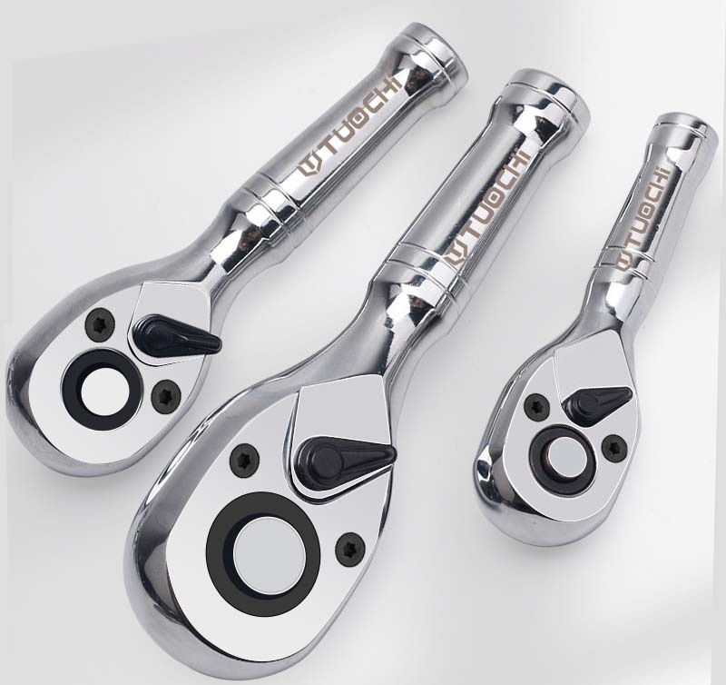 Cr-V 72T Reversible Ratchet Socket Drive Stubby Handle 1/2"-3/8"-1/4" 3pc Set