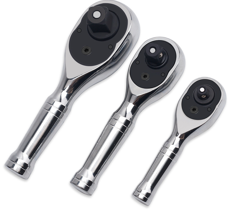 Cr-V 72T Reversible Ratchet Socket Drive Stubby Handle 1/2"-3/8"-1/4" 3pc Set