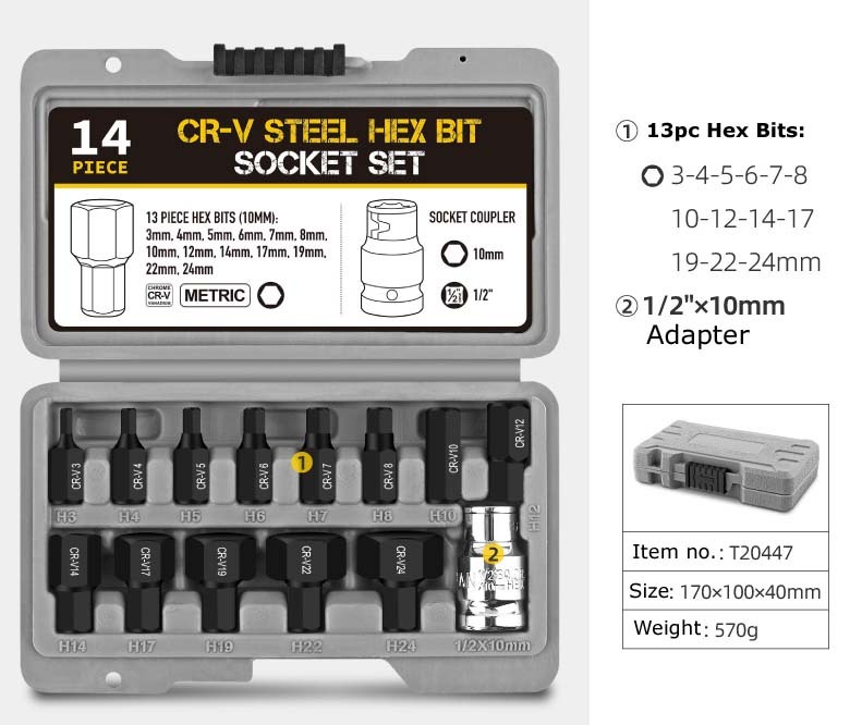 14pc Hex Allen Key 1/2" Dr Socket Bits Set: H3,4,5,6,7,8,10,12,14,17,19,22,24mm