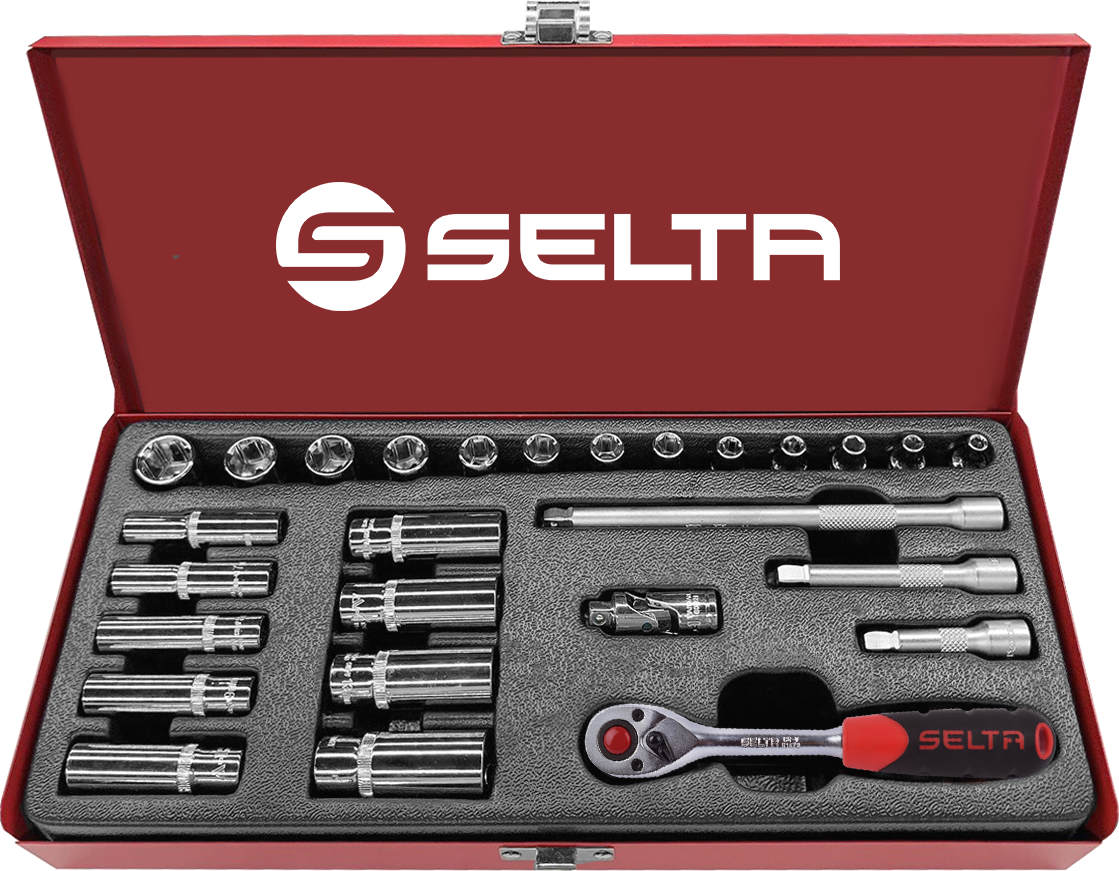Selta Taiwan 27pc 1/4" dr. Socket & Accessoires: Regular & Deep Socket; Ratchet Handle; Wobble Extension Bar