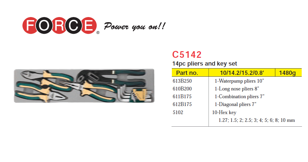 Force C5142 14pc Pliers & Shift Hex Key Wrench Set