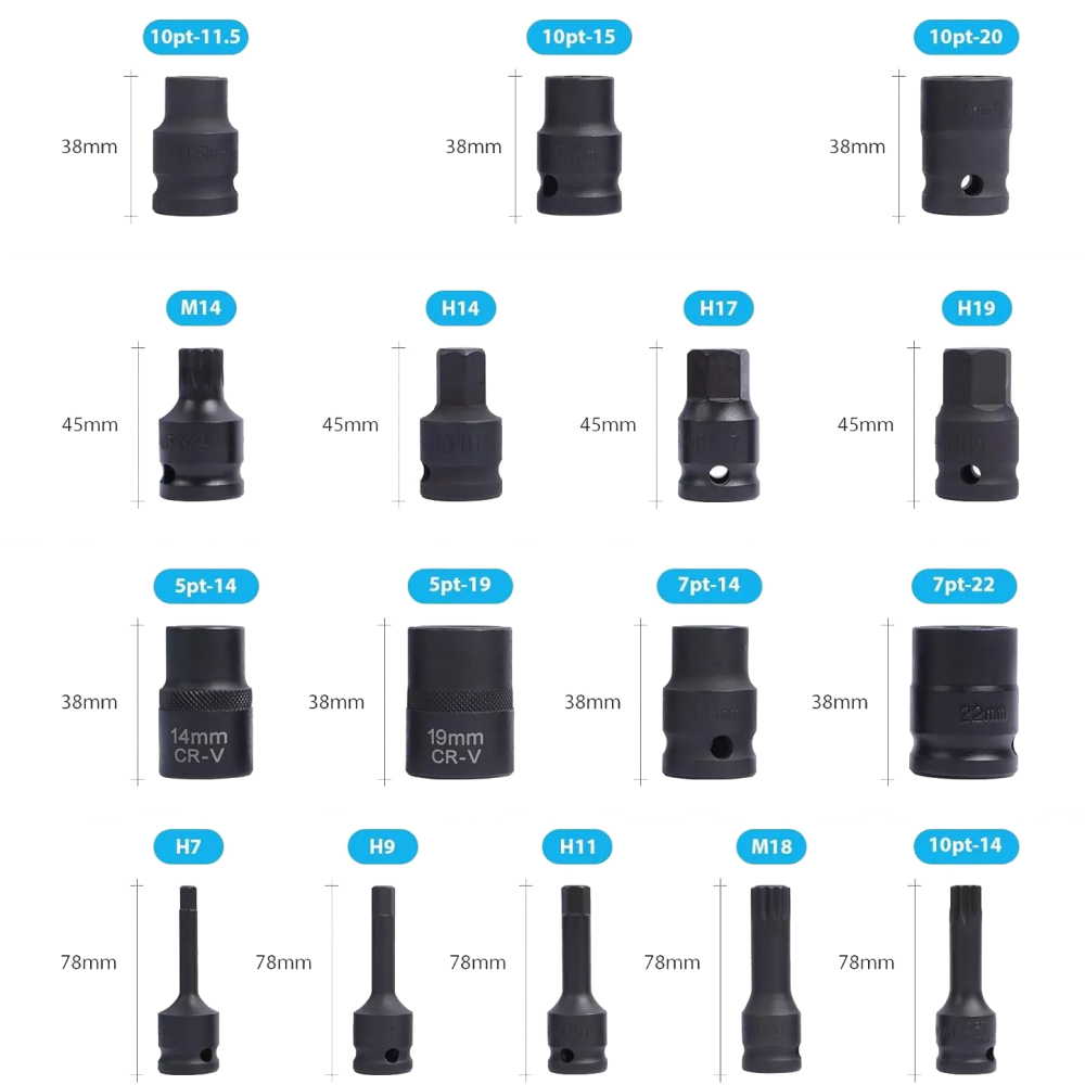 16pc 1/2" Dr Combo Brake Caliper Socket Set for Removal VW Audi Benz Ford Brake Pad Screw