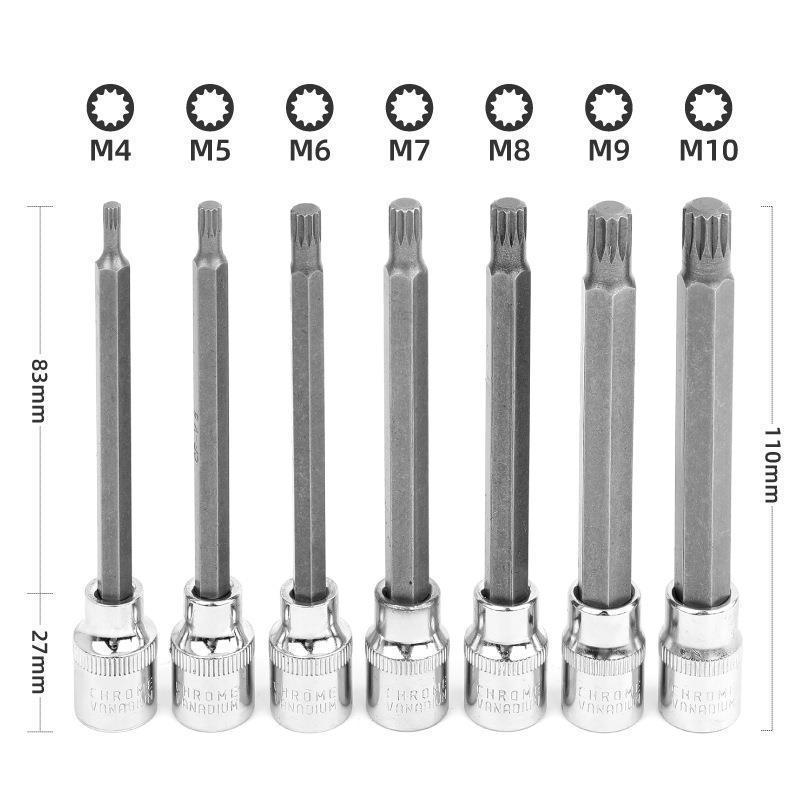 110mm Extra Long 7pc 3/8" Dr 12pt Spline Socket Bit Set:M4-M5-M6-M7-M8-M9-M10
