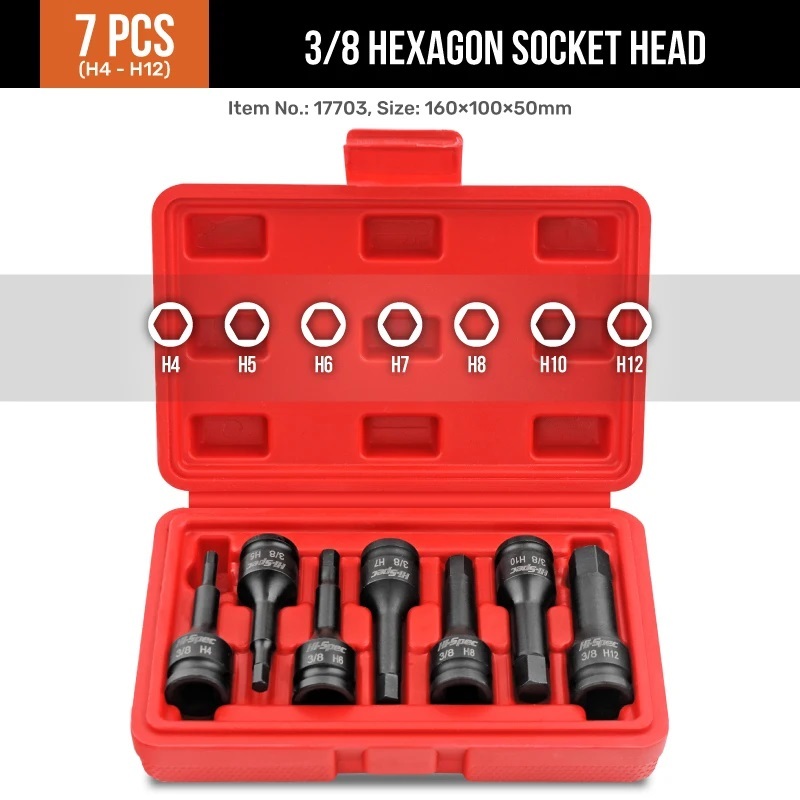 7pc 3/8"Dr. Cr-Mo 60mmH Deep Impact Hex Allen Socket Bits Set: H4 H5 H6 H7 H8 H10 H12