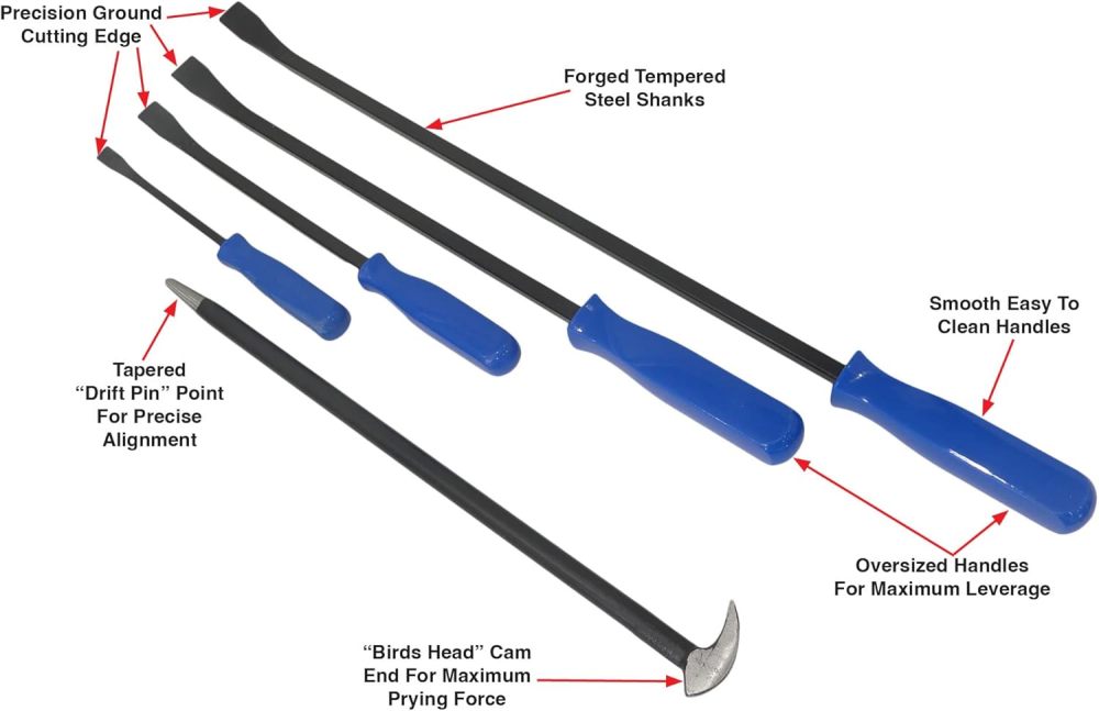 Silverline 5pc Mechanics Prybar Pry Bar Angled Heel Crowbar: 8",12",18",24"+15.5" Rolled Heel Podger Bar