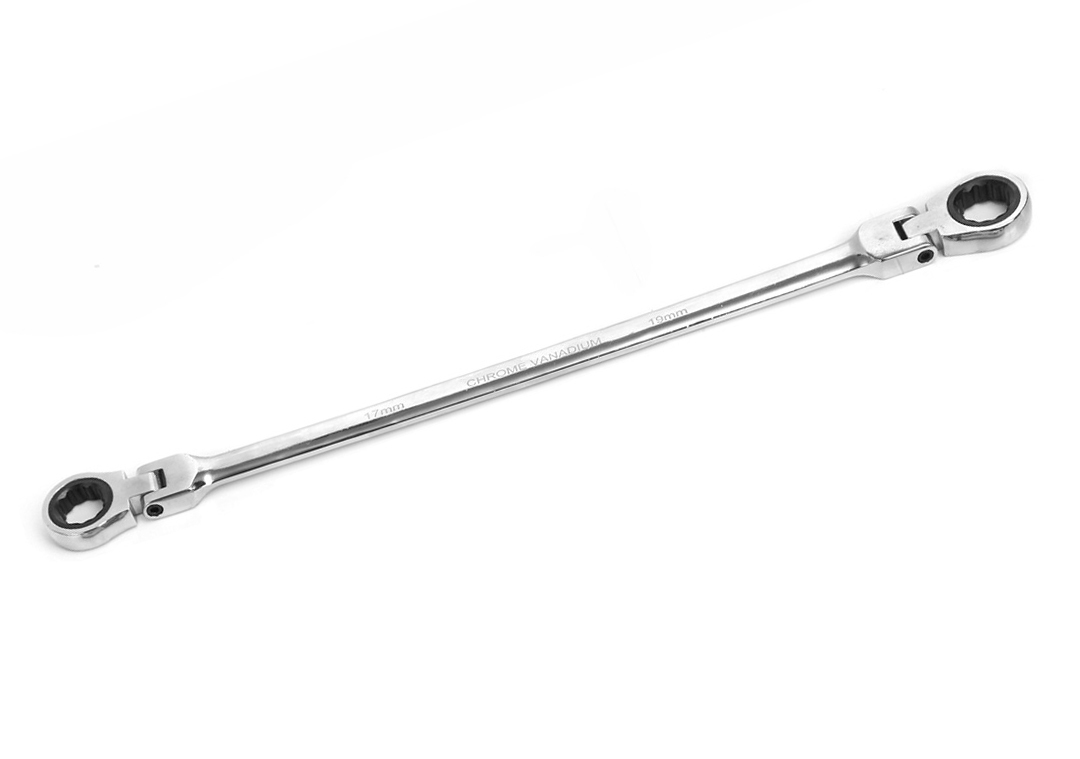 Cr-V Extra Long Double Flexible Head Ratchet Gear Ring Spanner Option:8x9-17x19mm
