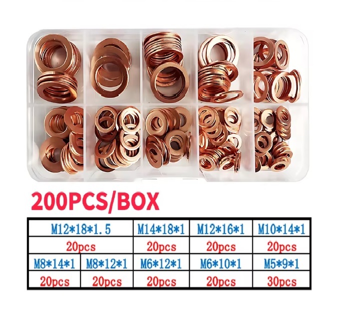 9 sizes 200pc Copper Washer Assortment Seal Ring Kit Sump Plug