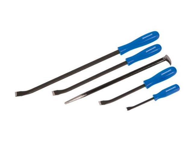 Silverline 5pc Mechanics Prybar Pry Bar Angled Heel Crowbar: 8",12",18",24"+15.5" Rolled Heel Podger Bar