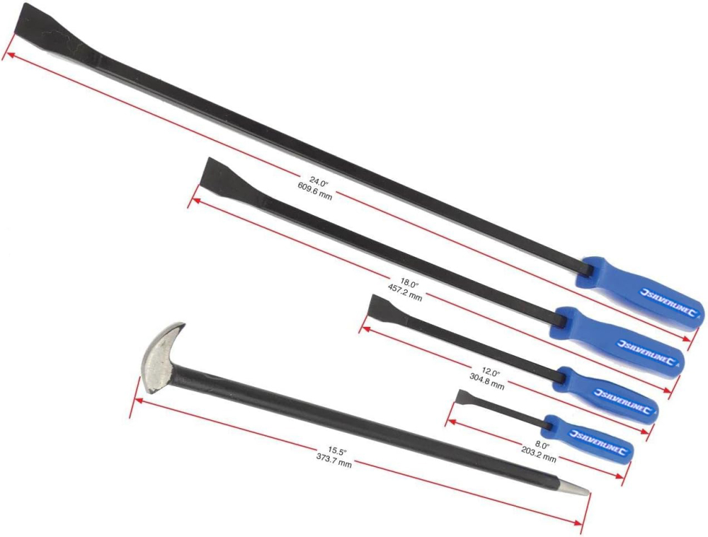 Silverline 5pc Mechanics Prybar Pry Bar Angled Heel Crowbar: 8",12",18",24"+15.5" Rolled Heel Podger Bar