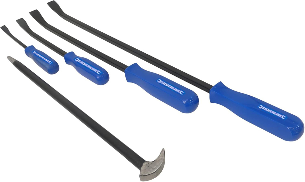 Silverline 5pc Mechanics Prybar Pry Bar Angled Heel Crowbar: 8",12",18",24"+15.5" Rolled Heel Podger Bar