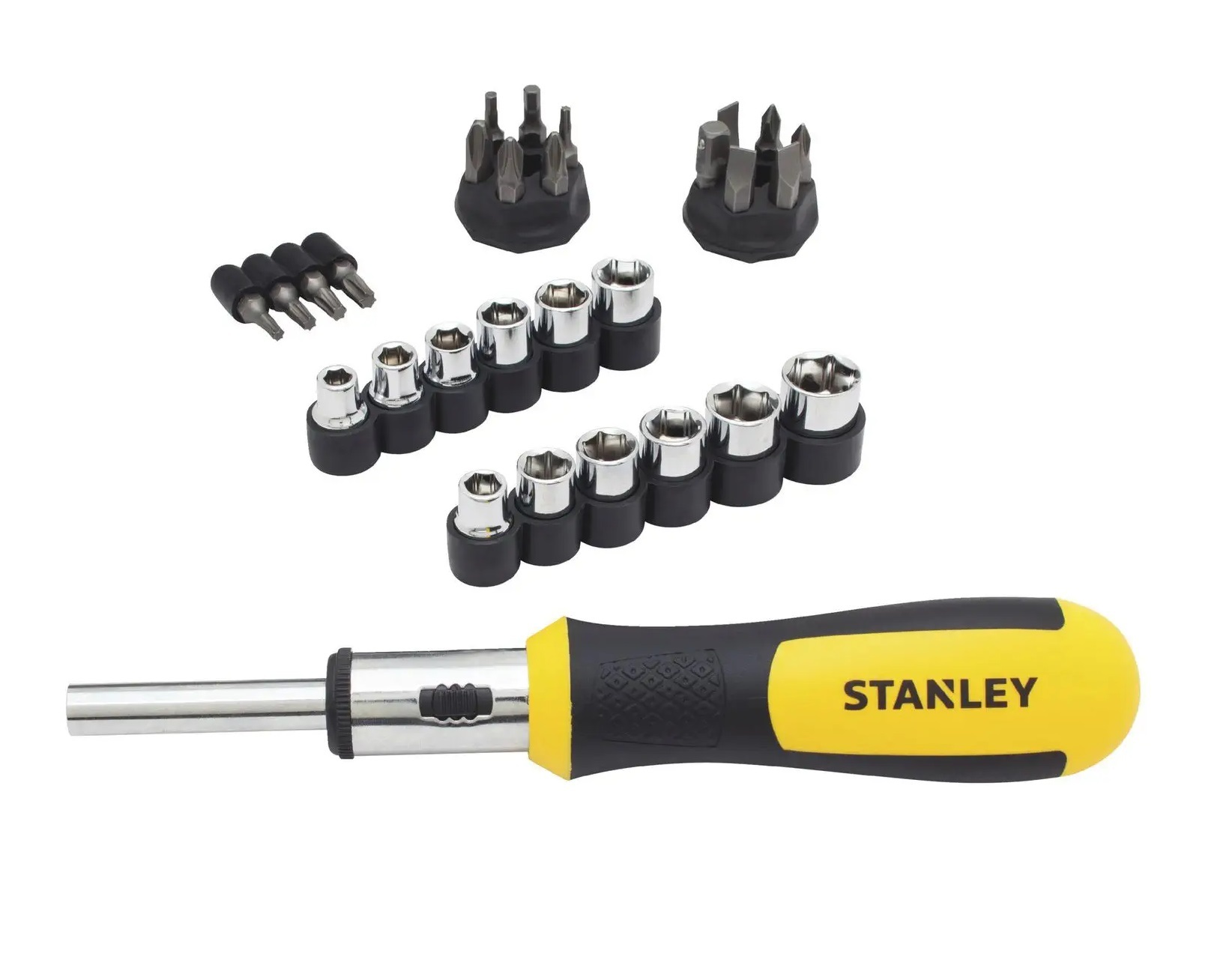 Stanley 29pc 1/4" dr. Ratcheting Screwdriver Set: MM+SAE Socket; Torx, Hex, Phillip, Slot Bits