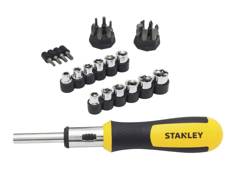 Stanley 29pc 1/4" dr. Ratcheting Screwdriver Set: MM+SAE Socket; Torx, Hex, Phillip, Slot Bits