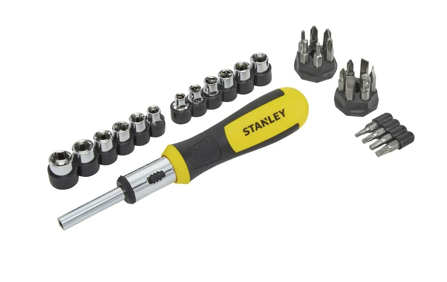 Stanley 29pc 1/4" dr. Ratcheting Screwdriver Set: MM+SAE Socket; Torx, Hex, Phillip, Slot Bits