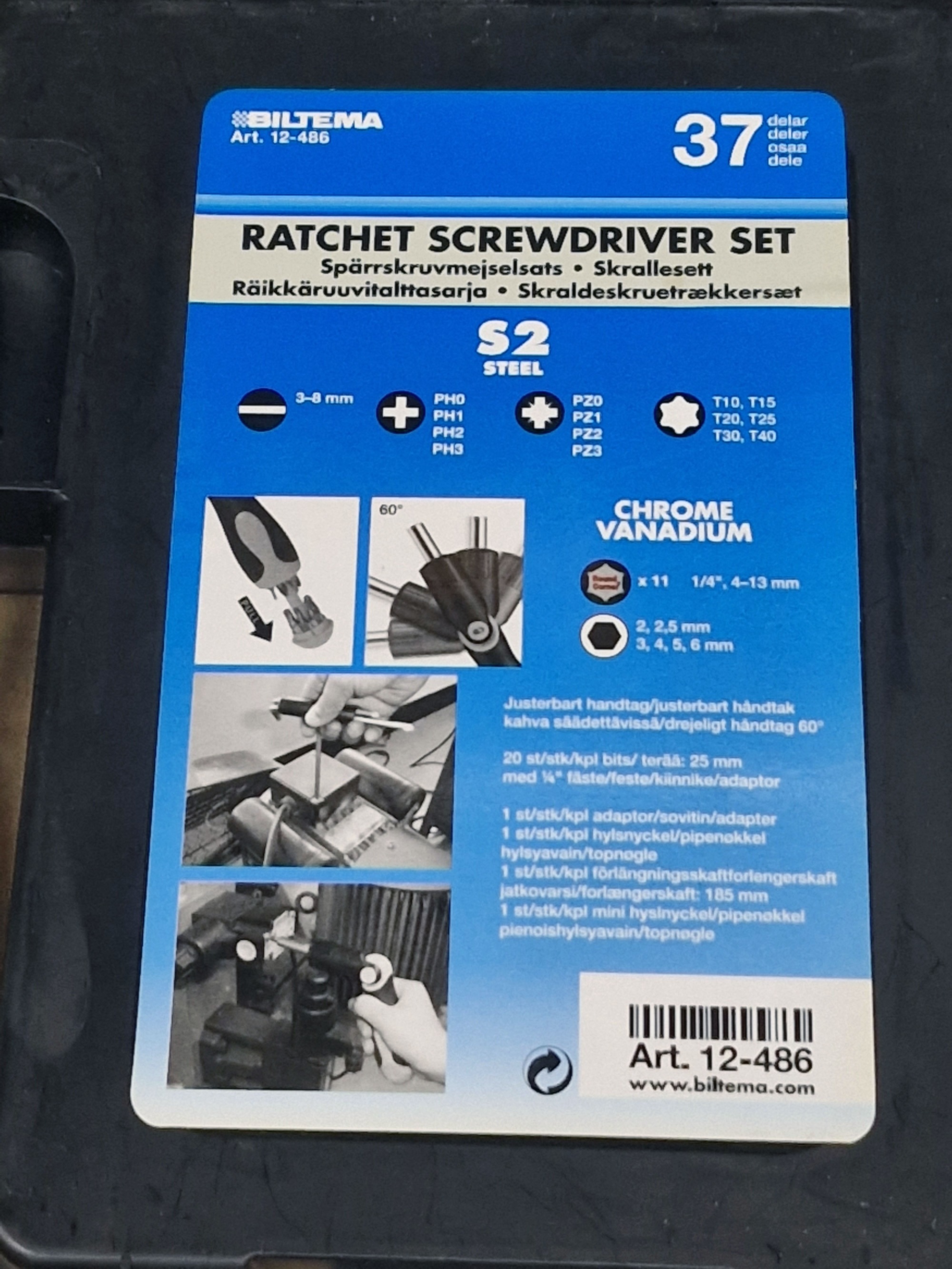 BILTEMA Denmark 37pc Ratchet Screwdriver & Socket Hex Torx Phillip Slotted Bits Set