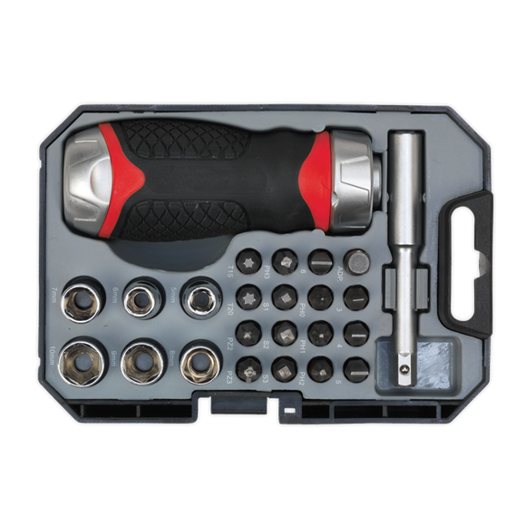 Sealey Premier 24pc Fine Tooth Stubby Ratchet Screwdriver Socket & Bit Set