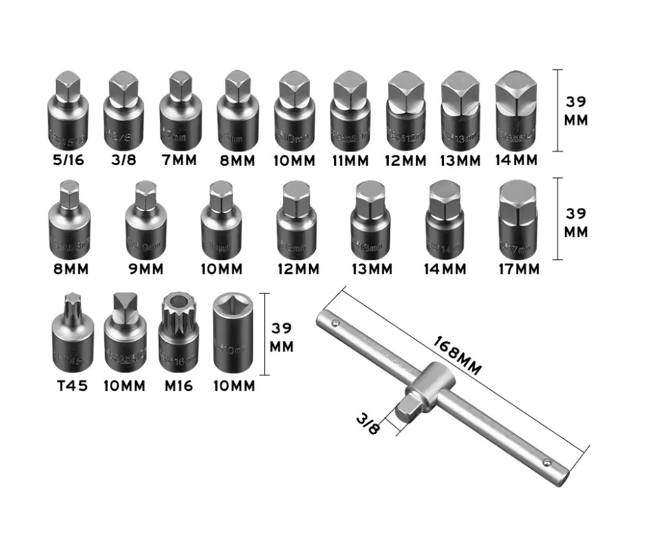 21pc 3/8" Dr. Universal Oil Drain Sump Plug Key Set: Hex Bits+Square Head Socket