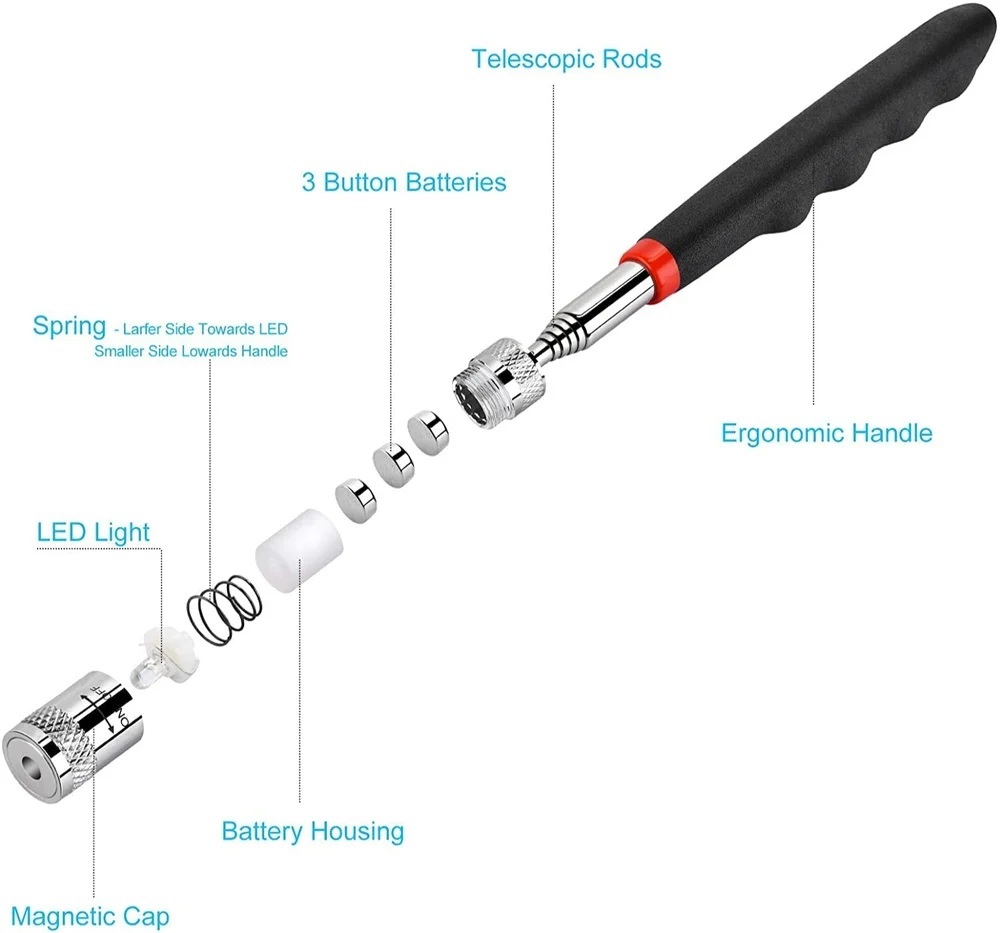 8Lb Pickup 7.7"-31.9'' Stainless Steel Rod Telescopic Magnetic Pick Up Tool LED Light