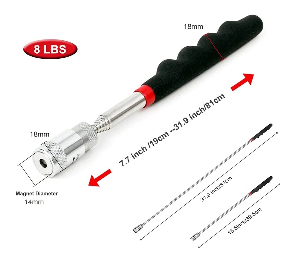 8Lb Pickup 7.7"-31.9'' Stainless Steel Rod Telescopic Magnetic Pick Up Tool LED Light