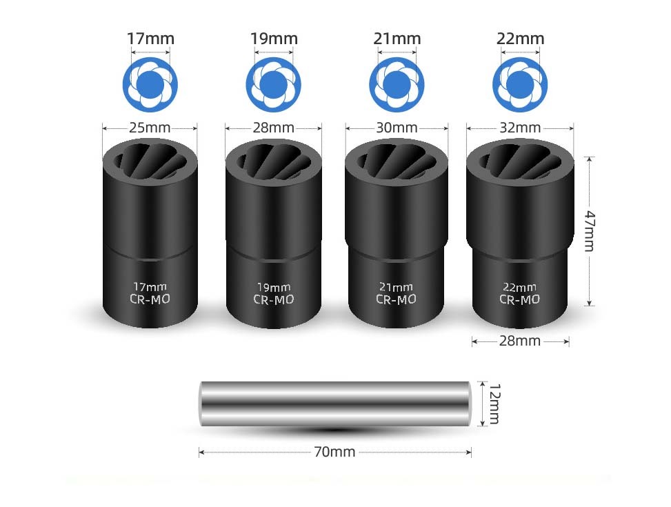 5pc 1/2" Dr. Cr-Mo Spiral Twist Socket for Damaged Round Bolt Lug Nut:17,19,21,22mm