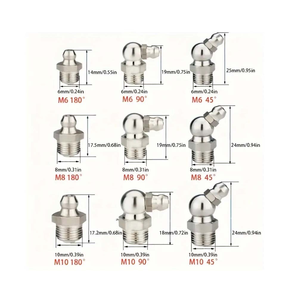 60pc Grease Nipple Assortment: M6,M8,M10, Straight/45°/90° Bent