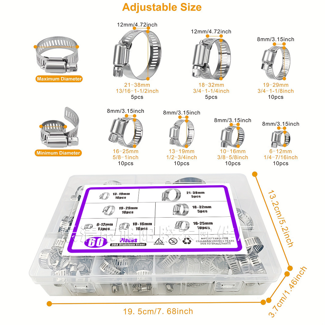 8-38mm 60pc 304 Stainless Steel Adjustable Screw Band Warm Drive Hose Clamp Assortment