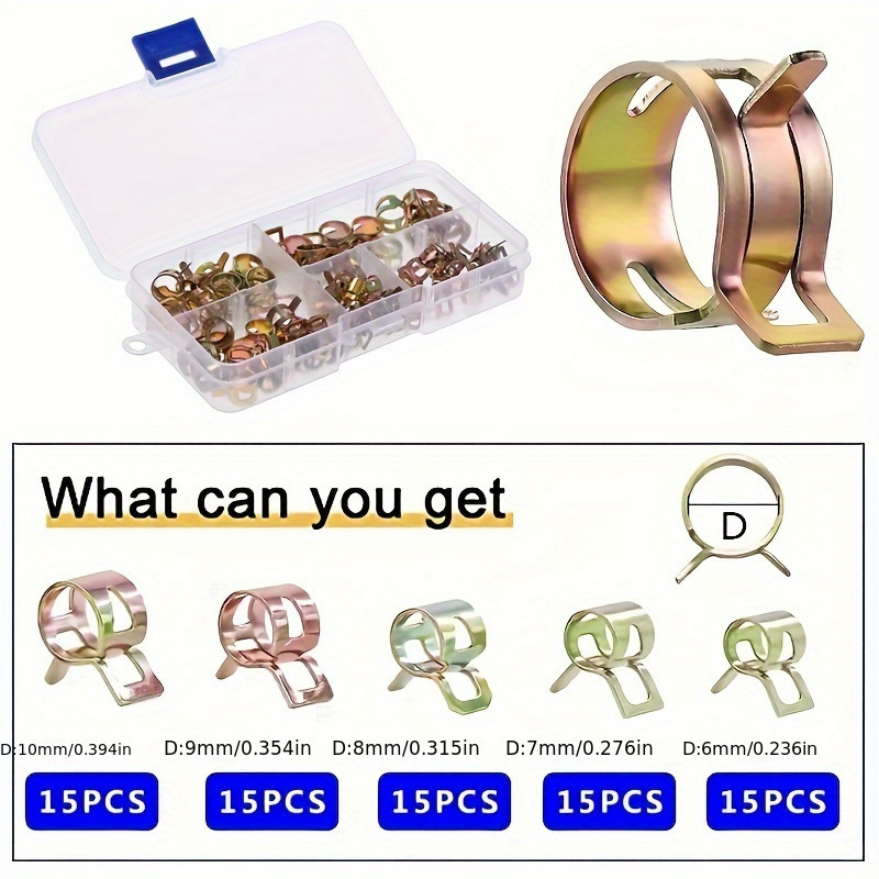 75pc Spring Fuel Oil Water Hose Clip Pipe Tube Band Clamp Assortment