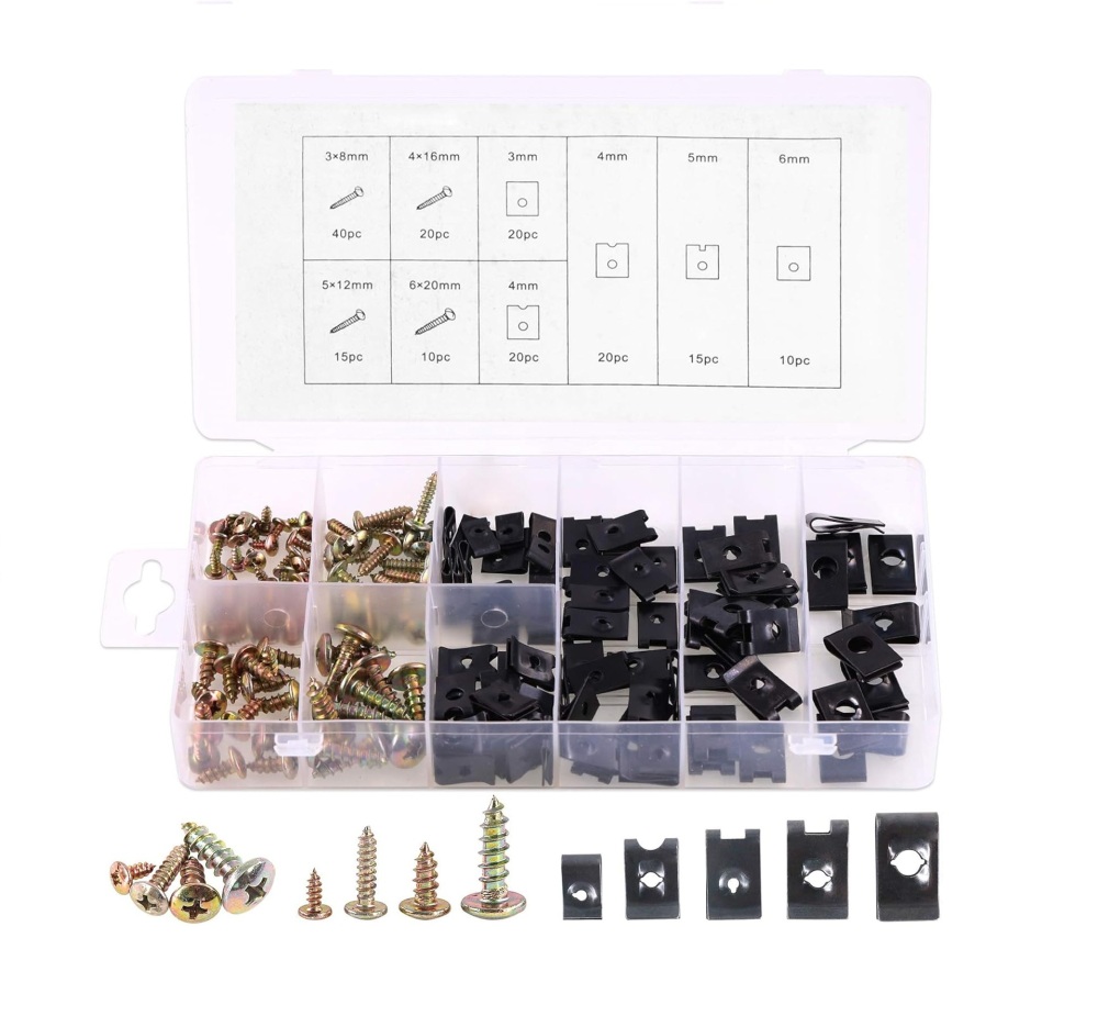 170pc 9 Size Car U Nut 3-6mm U-Clips with Zinc Plated Phillips Screws Panel Beating Assortment