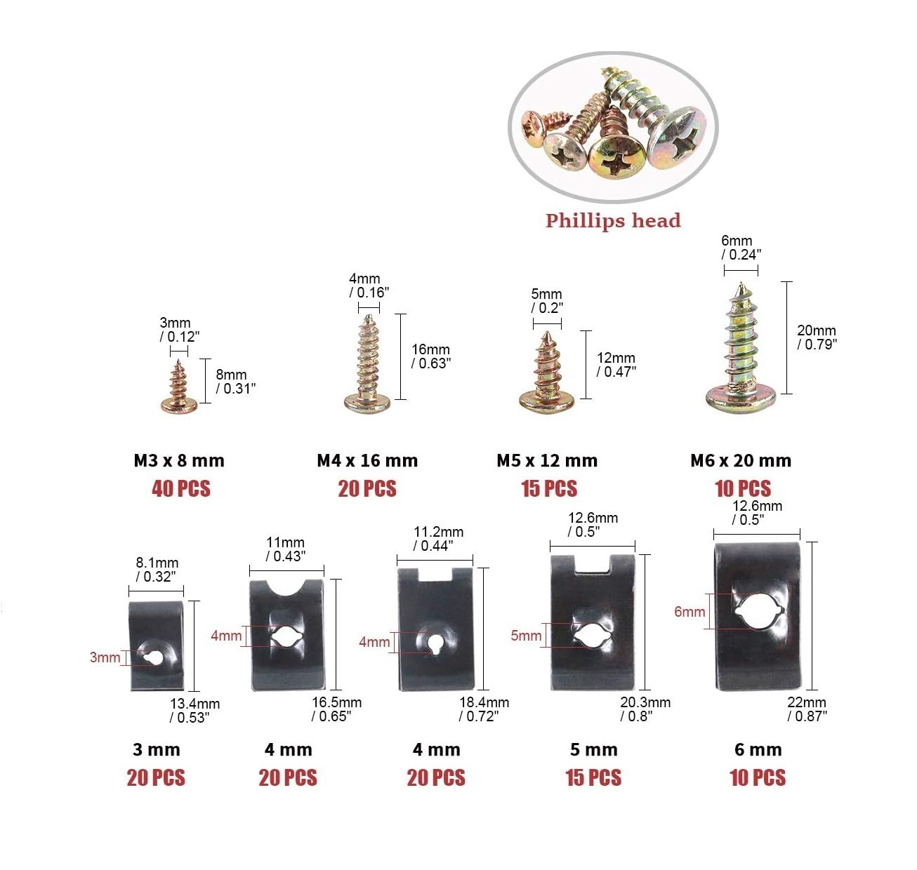 170pc 9 Size Car U Nut 3-6mm U-Clips with Zinc Plated Phillips Screws Panel Beating Assortment