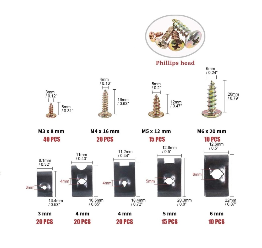 170pc 9 Size Car U Nut 3-6mm U-Clips with Zinc Plated Phillips Screws Panel Beating Assortment