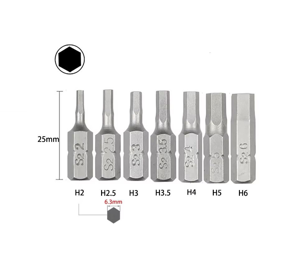 5pc-pack S2/CRMV Steel 1/4" (6mm) Shank Hex Allen Bits 25mmL H1.5-H6mm Option