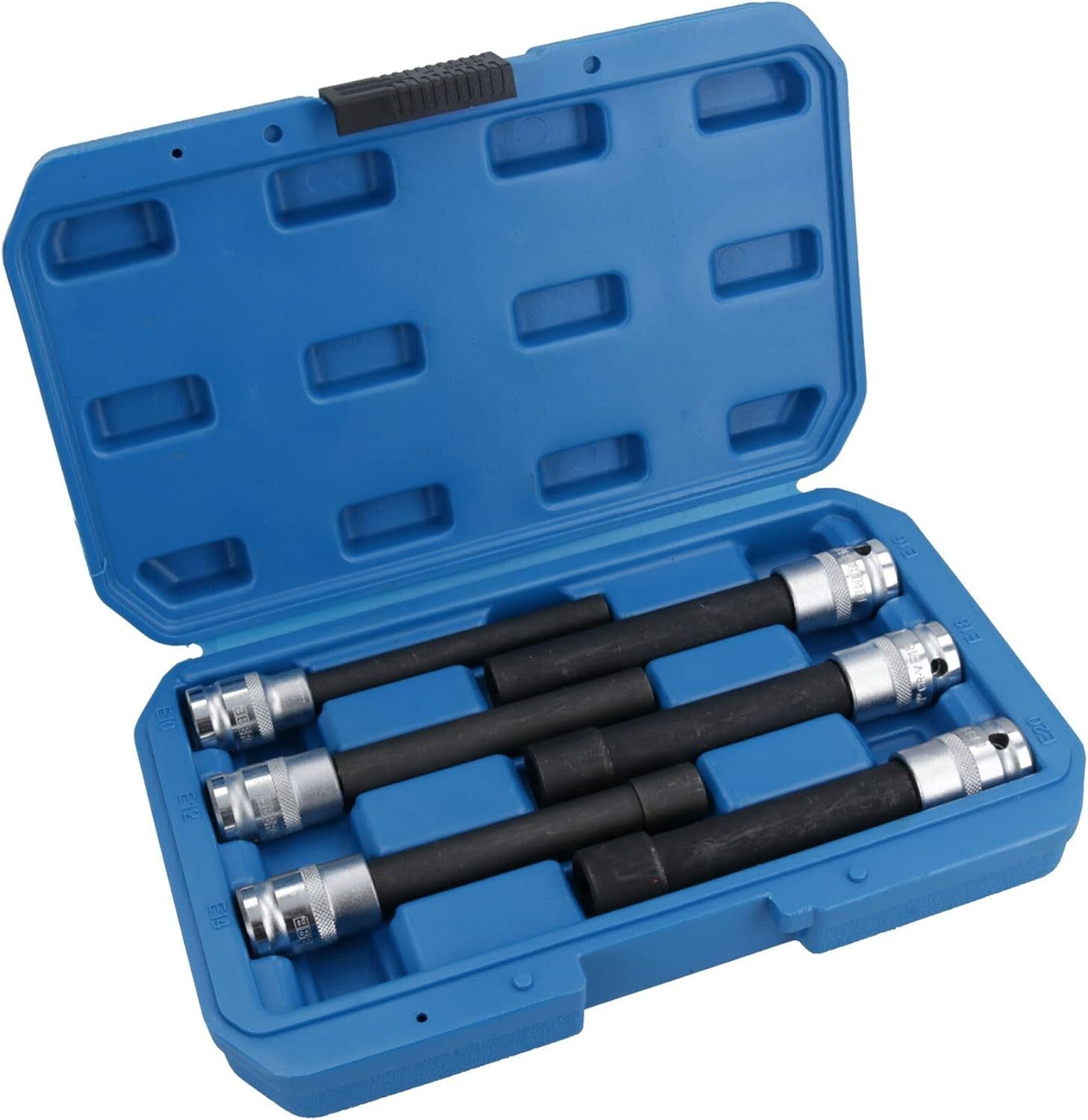 6pc 1/2" Dr. Cr-Mo 140mm Extra Deep TRX-Star Female E Type Torx Socket Set: E10-20