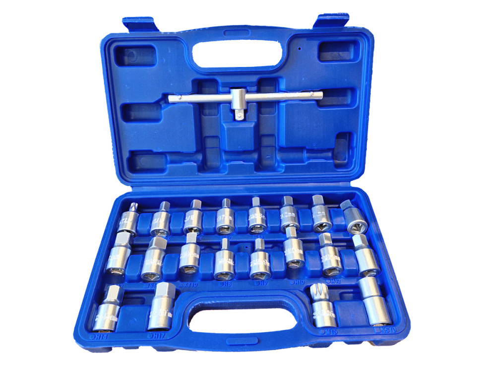 21pc 3/8" Dr. Universal Oil Drain Sump Plug Key Set: Hex Bits+Square Head Socket