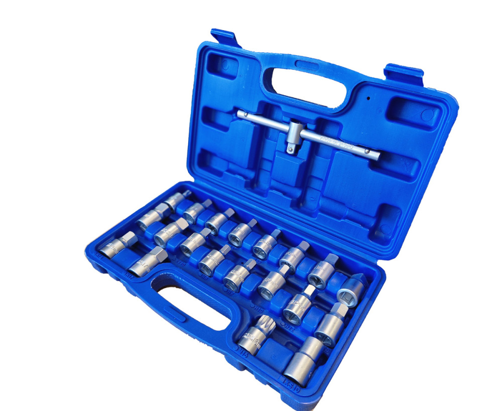 21pc 3/8" Dr. Universal Oil Drain Sump Plug Key Set: Hex Bits+Square Head Socket