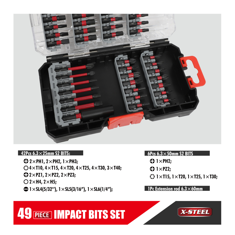 Expert 49pc S2 Steel Impact Power Bits with Magnetic Tip Set: Phillips, Pozi, Slotted, Hex, Torx