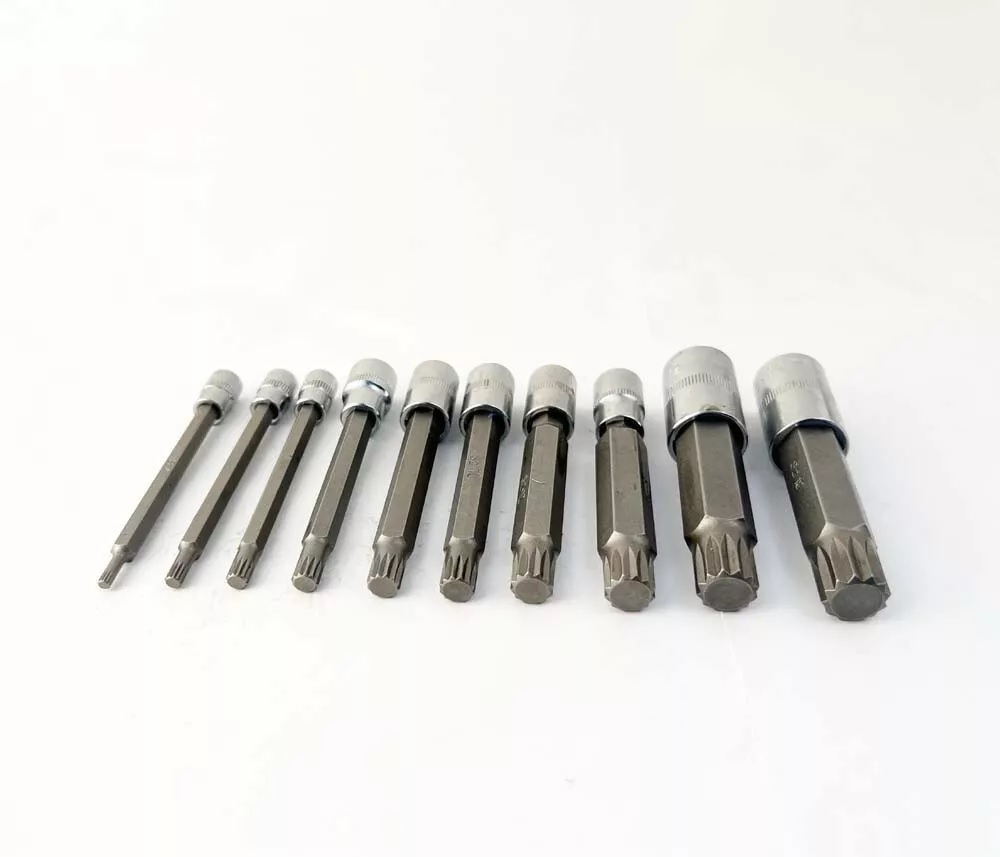 4"/100mm Long Reach 10pc XZN Triple Square Spline Socket Bit: M4,5,6,8,9,10,12,14,16,18