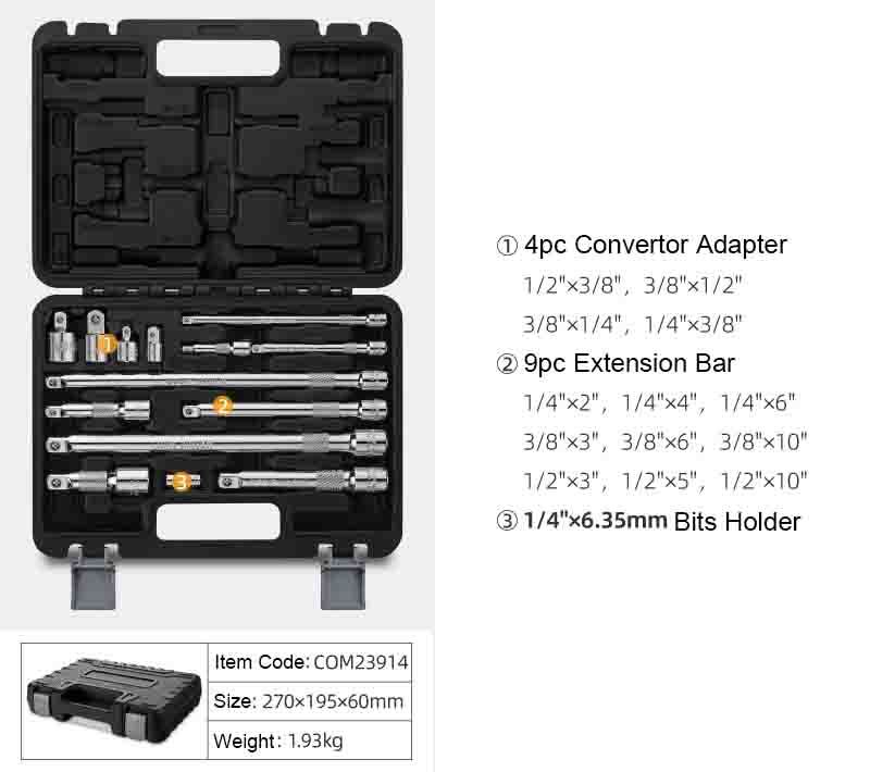 All-in-1 Combo 1/4"-3/8"-1/2" Dr. Socket Accessories Set: Extension Bar Convertor Adapter