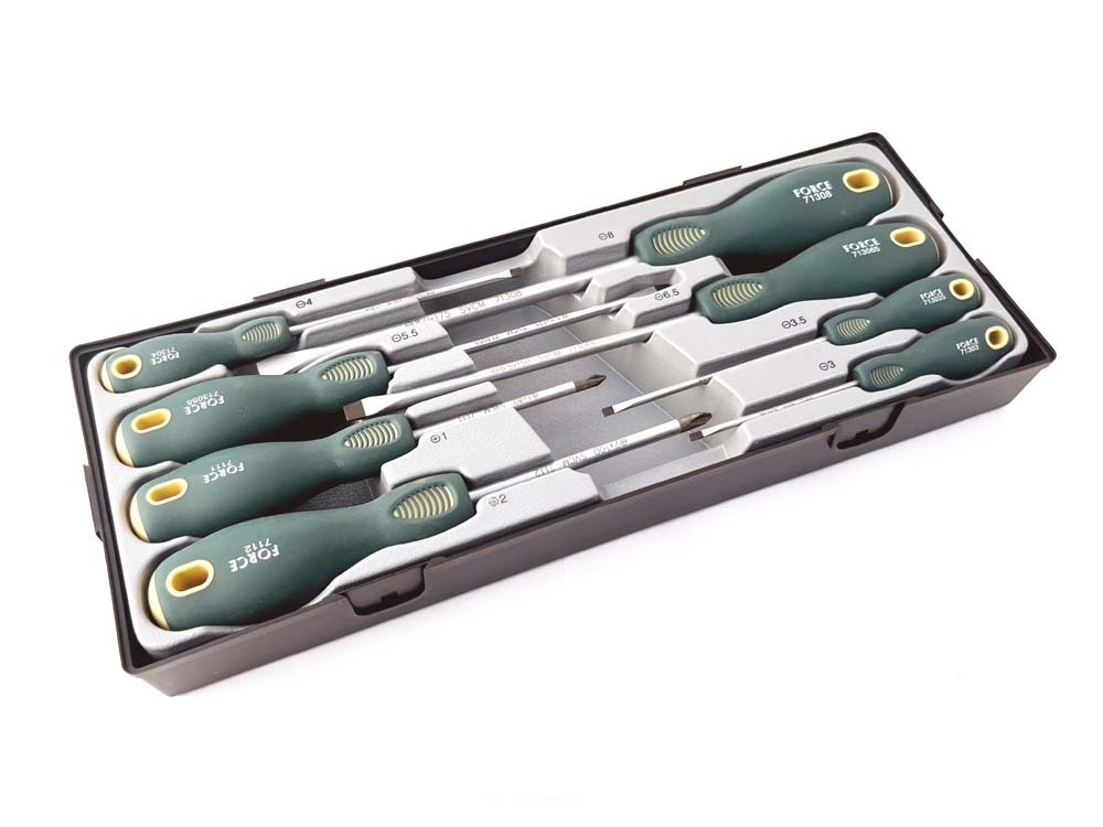 Force T2084YC / T2085B S2 Steel 8pc Screwdriver Set, Slotted, Phillip, Pozidriver tips