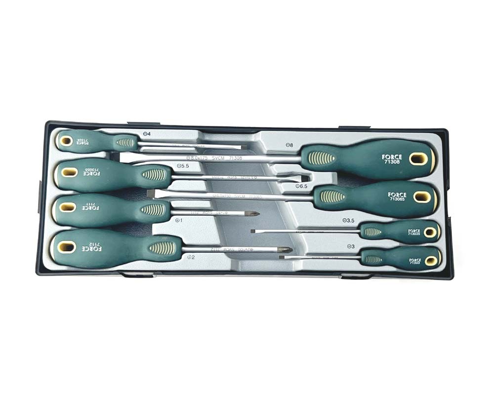 Force T2084YC / T2085B S2 Steel 8pc Screwdriver Set, Slotted, Phillip, Pozidriver tips