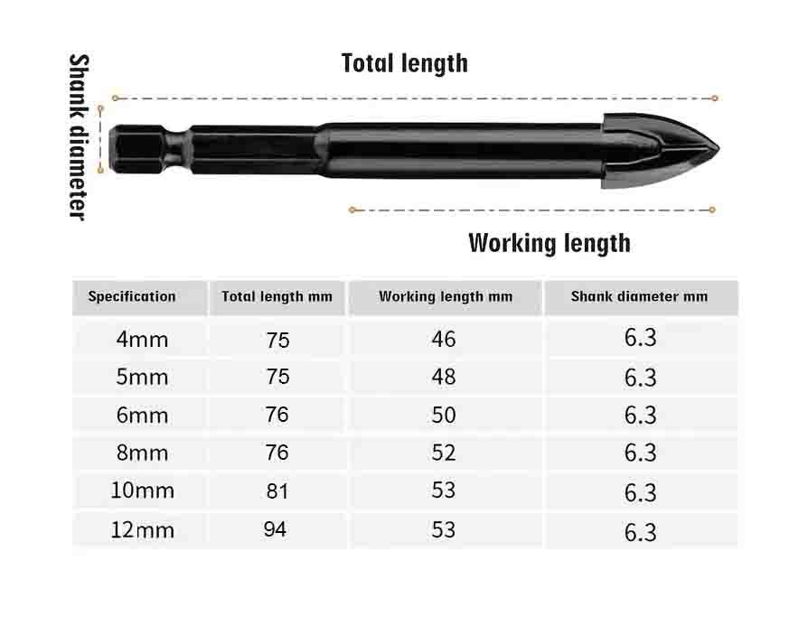 TCT Tungsten Carbide Ceramic Tile Glass Brick Drill Bit Cross Spear Head with Quick Change Shank