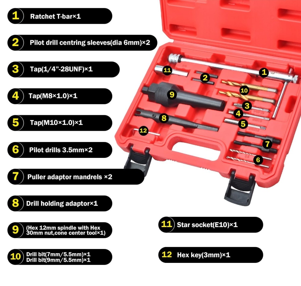 16pc Damaged 8mm & 10mm Glow Plug Removal & Repairing Tool Kit
