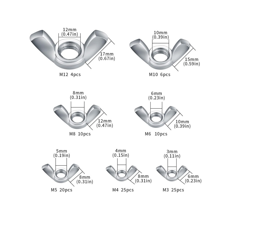 100pc Wing Nut Assortment 7 Metric Sizes Kit: M3,M4,M5,M6,M8,M10,M12