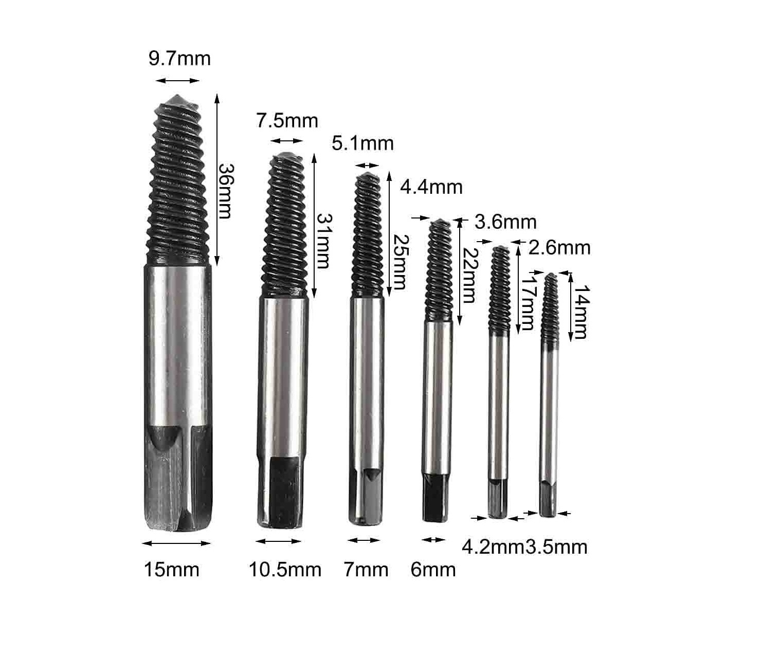 4-22mm 6pc Steel Spiral Screw Extractor Damaged Screw Broken Remover Set