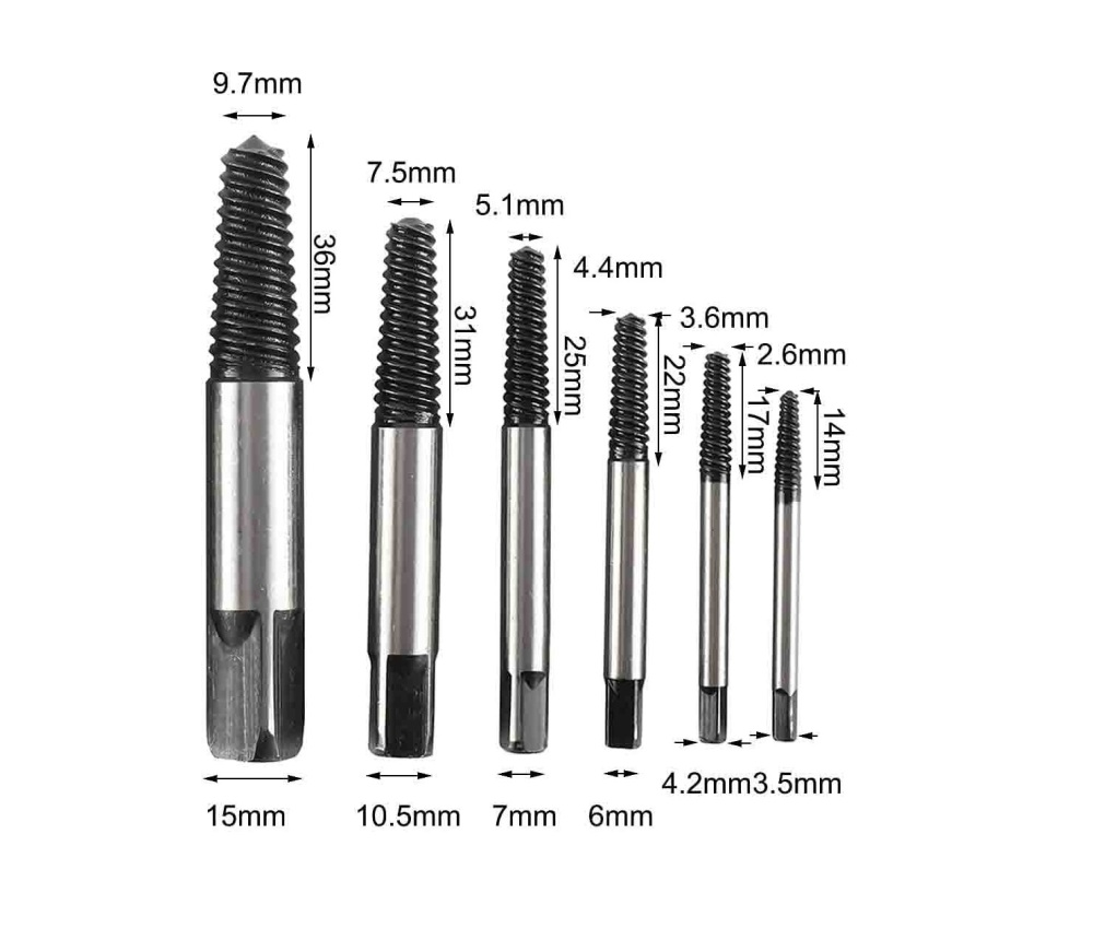 4-22mm 6pc Steel Spiral Screw Extractor Damaged Screw Broken Remover Set