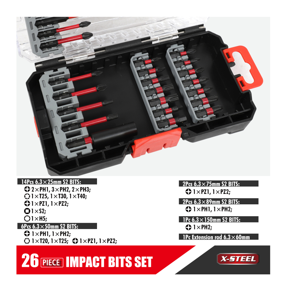Expert 26pc S2 Steel Impact Power Bits with Magnetic Tip Set: Phillips, Pozi, Slotted, Hex, Torx