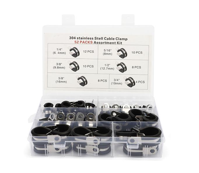 52pc Rubber Lined Stainless Steel Clips Cable Hose Pipe Clamps Holder Assortment