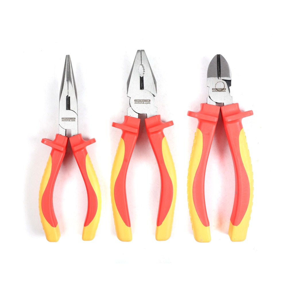 Expert 1000V AC Insulated Electrician VDE Pliers 3pc Set: Combination, Diagnoal, Long Nose