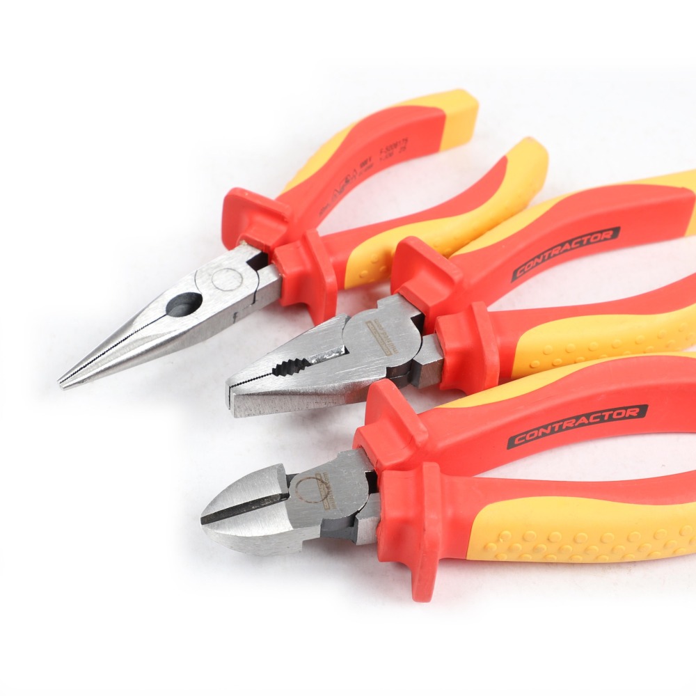 Expert 1000V AC Insulated Electrician VDE Pliers 3pc Set: Combination, Diagnoal, Long Nose