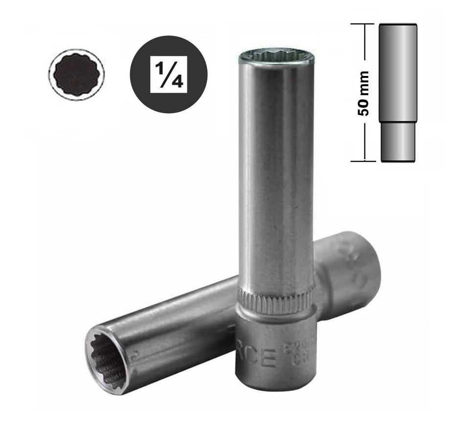 Force 1/4" Dr. 6pt/12pt 50mmL Flank Deep Socket Metric & Imperial Size Options